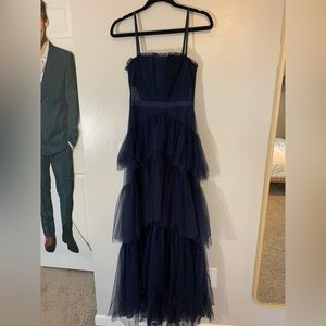 A-line spaghetti strap floor-length yarn navy blue gown dress.